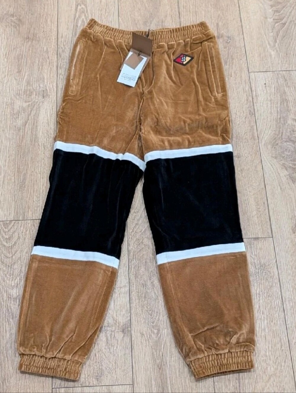 $1440 Mens Burberry Colorblock Chenille Logo Patch Track Pants Warm Walnut Small